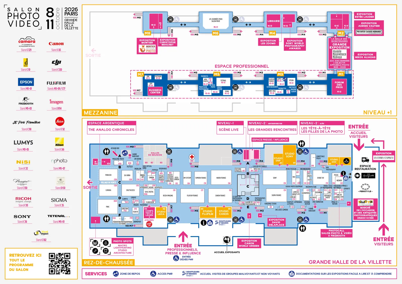 Plan du salon : mezzanine (niveau +1) en haut, rez-de-chaussée en bas, avec les stands des allées A à F.